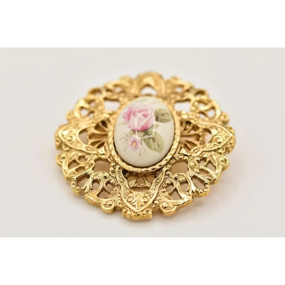 1928 Vintage Brooch Pin Rose Painted Cabochon Antiqued Gold Filigree 1980s BinBG